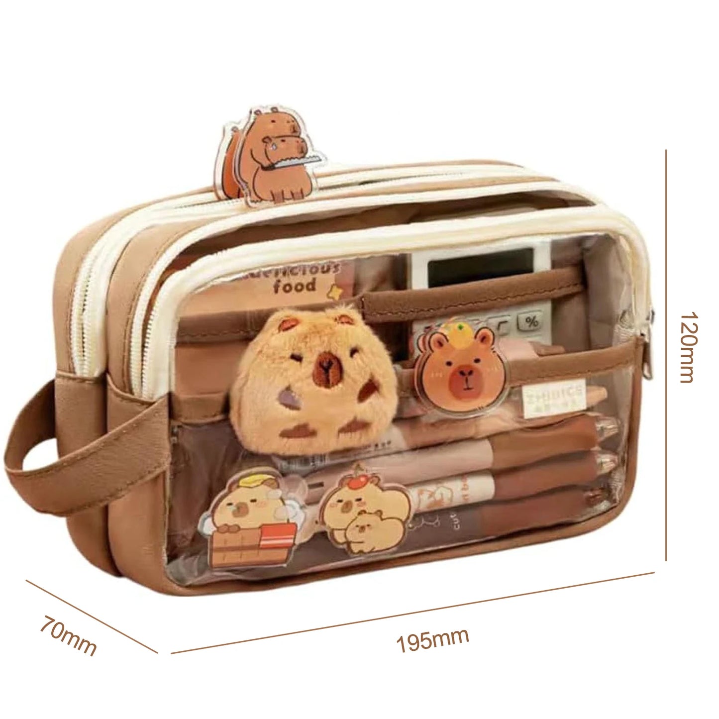 Niedliches Capybara-Federmäppchen, Schulbedarf, transparentes, ästhetisches Federmäppchen mit niedlichen Capybara-Nadeln und Plüschaufklebern und Notizblock