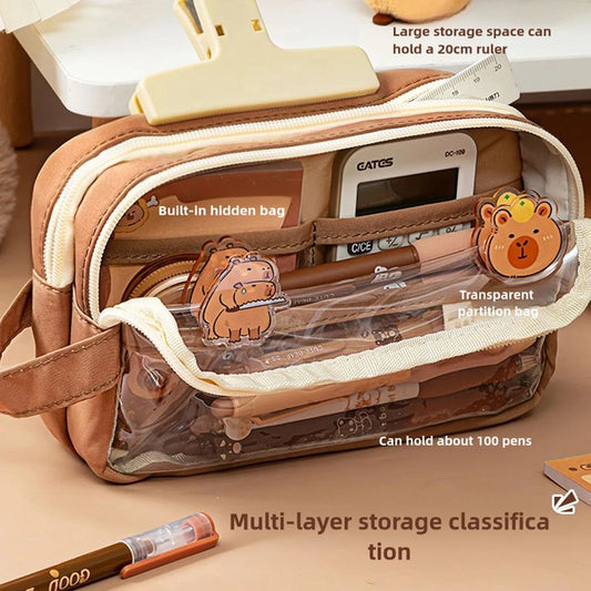 Niedliches Capybara-Federmäppchen, Schulbedarf, transparentes, ästhetisches Federmäppchen mit niedlichen Capybara-Nadeln und Plüschaufklebern und Notizblock