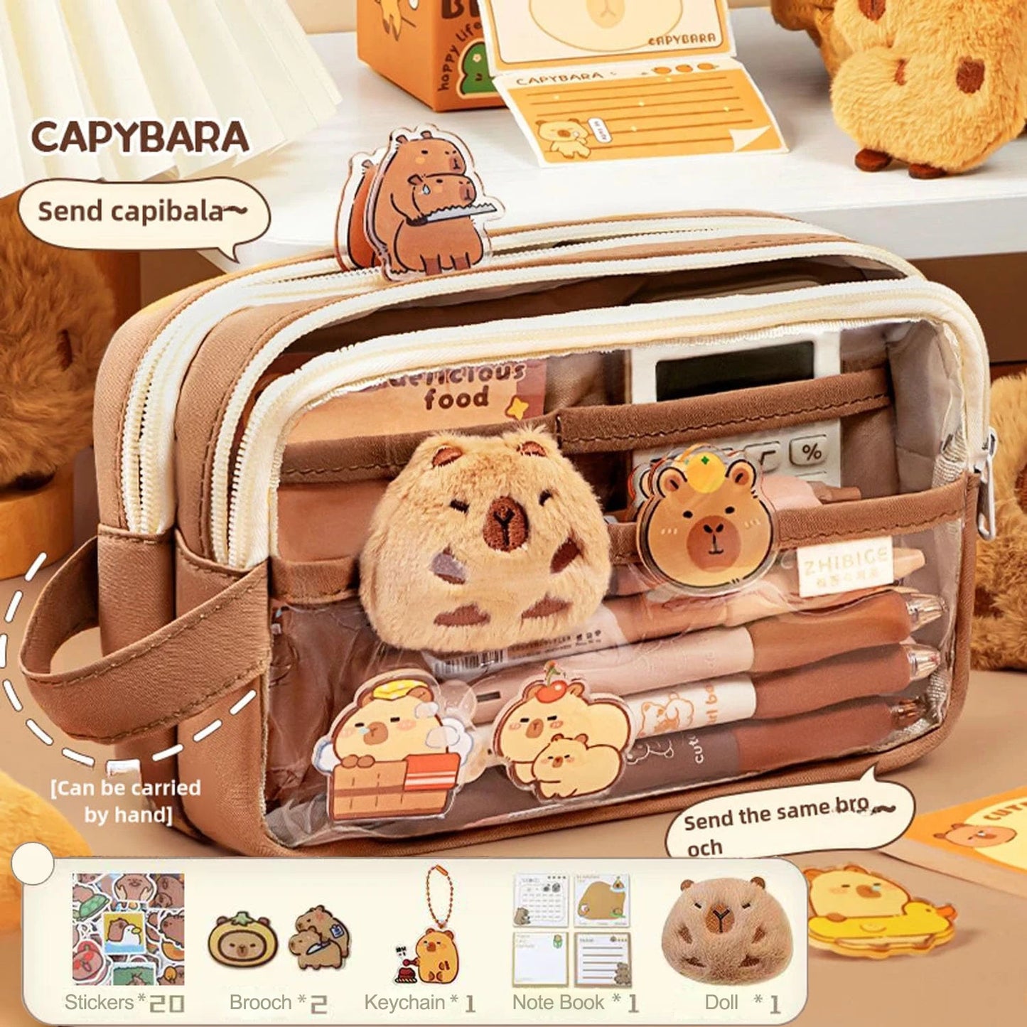 Niedliches Capybara-Federmäppchen, Schulbedarf, transparentes, ästhetisches Federmäppchen mit niedlichen Capybara-Nadeln und Plüschaufklebern und Notizblock