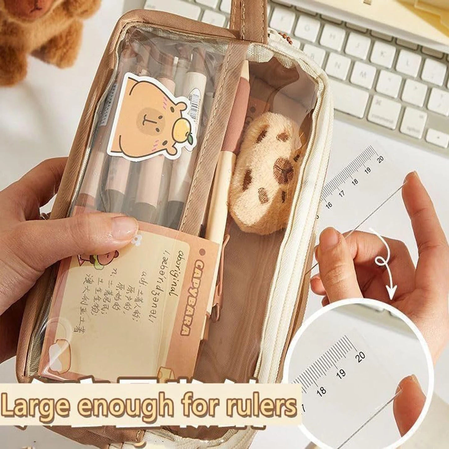 Niedliches Capybara-Federmäppchen, Schulbedarf, transparentes, ästhetisches Federmäppchen mit niedlichen Capybara-Nadeln und Plüschaufklebern und Notizblock