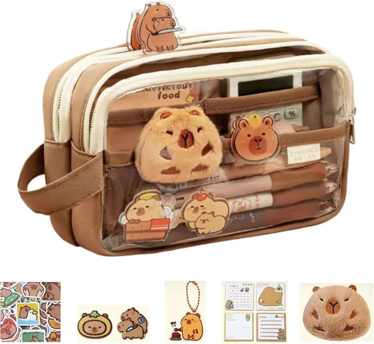 Niedliches Capybara-Federmäppchen, Schulbedarf, transparentes, ästhetisches Federmäppchen mit niedlichen Capybara-Nadeln und Plüschaufklebern und Notizblock